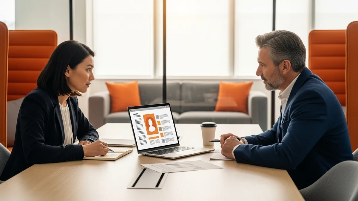 Hiring manager and senior recruiter reviewing ML platform engineer candidate profiles and interview feedback in a glass conference room