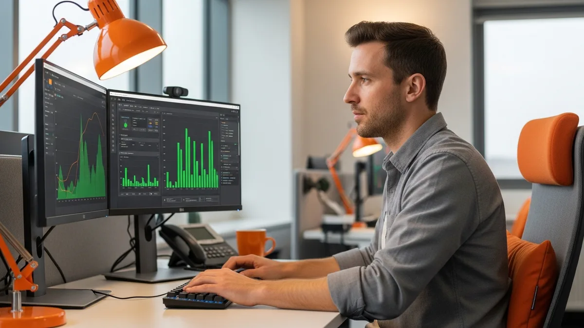 Senior ML platform engineer monitoring training pipeline metrics and GPU utilization dashboards on dual ultrawide monitors at a modern office workstation
