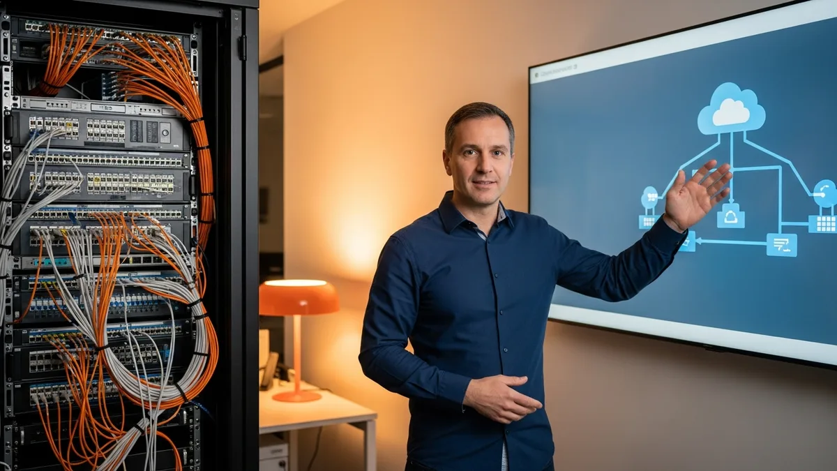 Network engineer bridging physical data center fiber patch panel and cloud networking architecture diagram