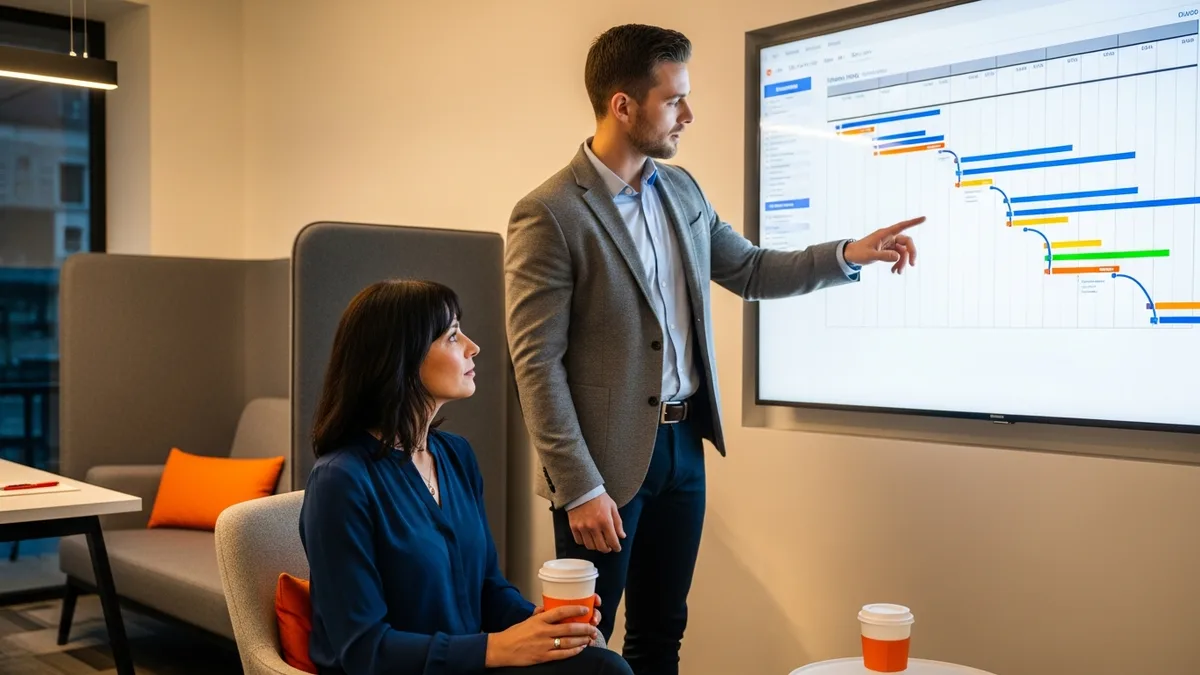 KORE1 recruiter reviewing a network engineer hiring timeline with a client on a wall display