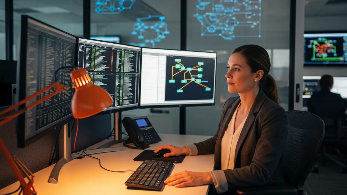 Senior network engineer reviewing BGP routing tables on a multi-monitor NOC workstation