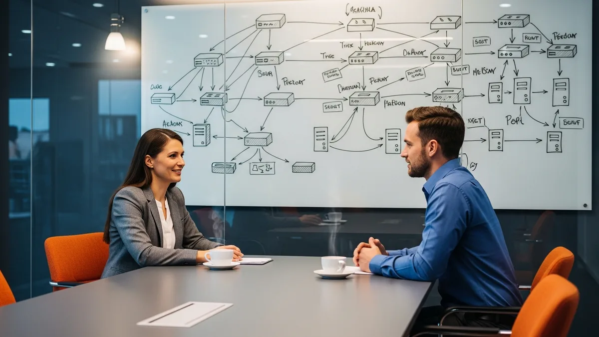 Hiring manager interviewing a senior network engineer candidate with a network topology diagram on a whiteboard