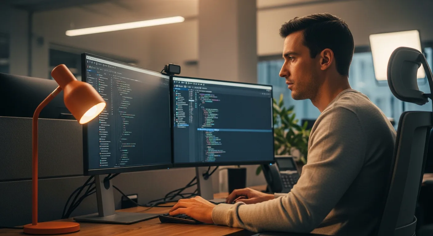 Senior Next.js developer writing React code at a dual-monitor workstation in a modern tech office