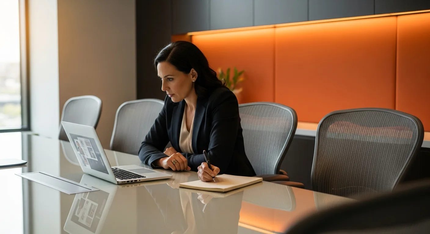 Hiring manager reviewing Next.js developer candidate portfolios in a corporate conference room