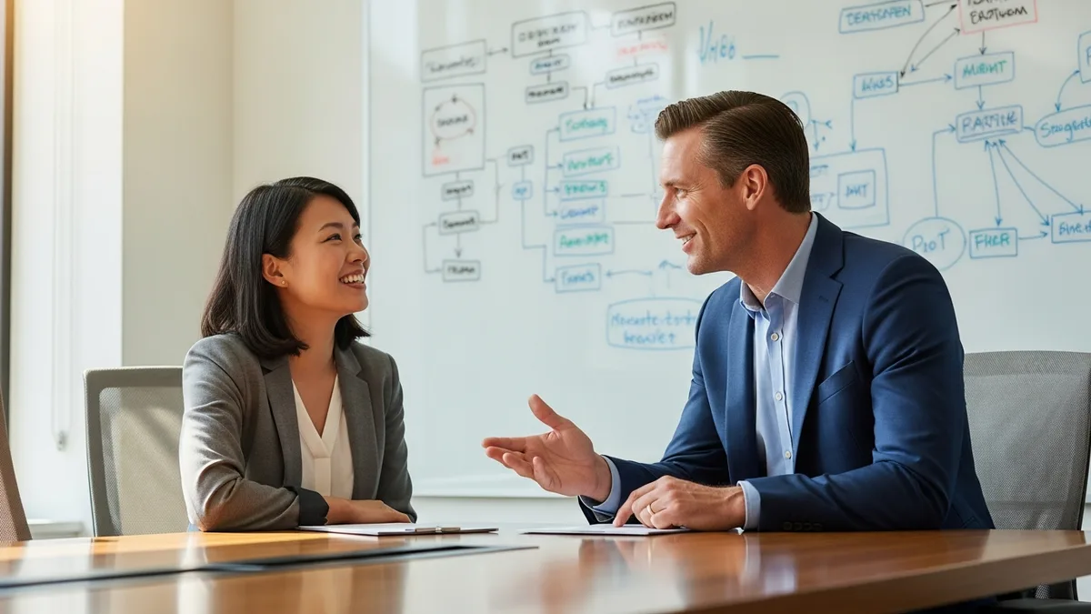 Hiring manager interviewing displaced Oracle engineer in modern office