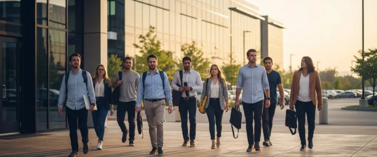 Displaced Oracle engineers leaving corporate tech campus after 2026 layoffs