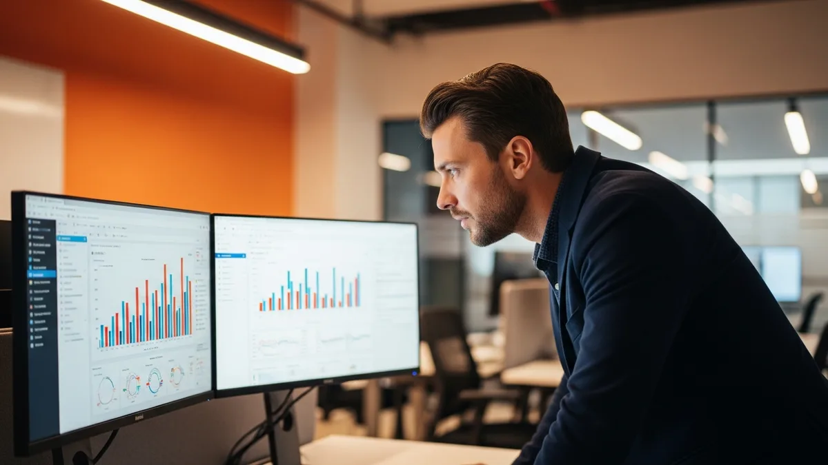 Senior Power BI developer reviewing analytics dashboards and KPI metrics on dual monitors in a modern enterprise office