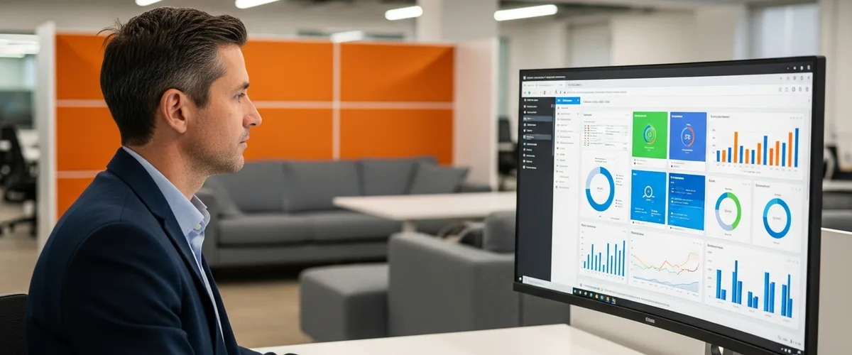 Data analytics professional reviewing Power BI dashboards on a large monitor in a corporate office environment