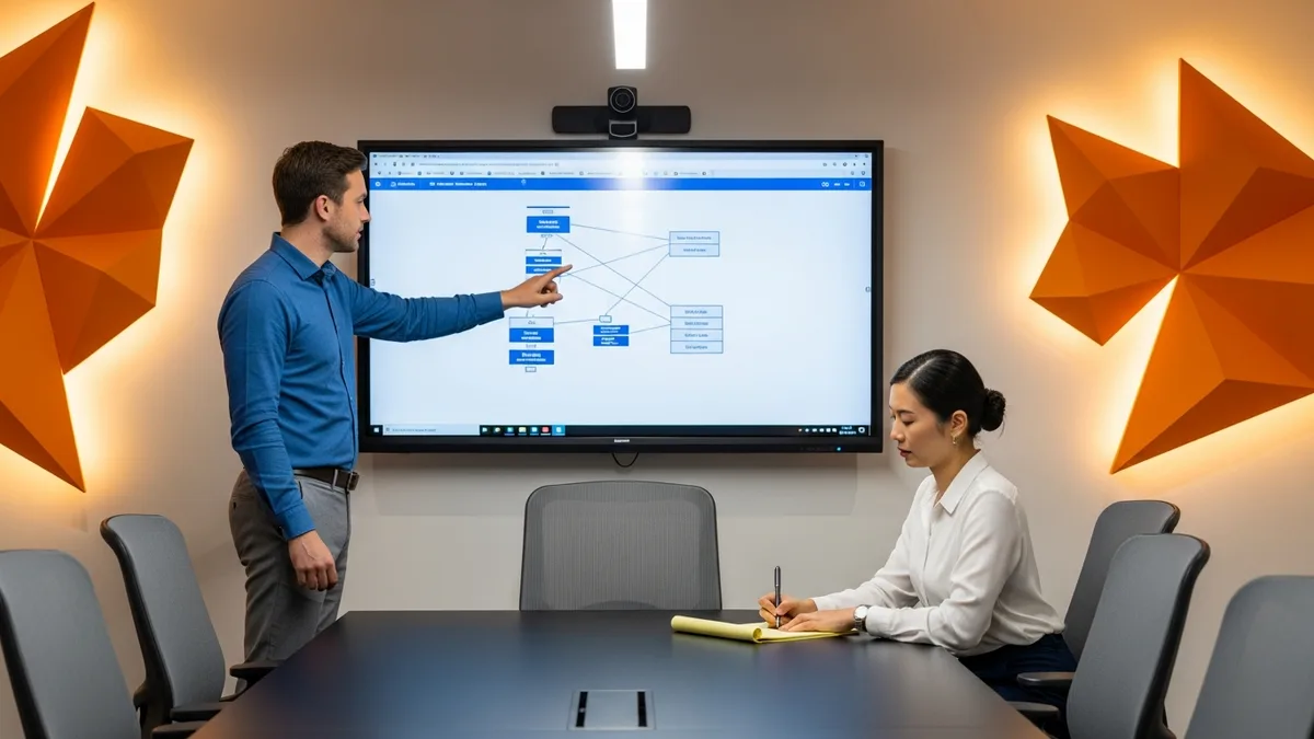 Hiring manager and Power BI developer discussing data model table relationships in a corporate conference room
