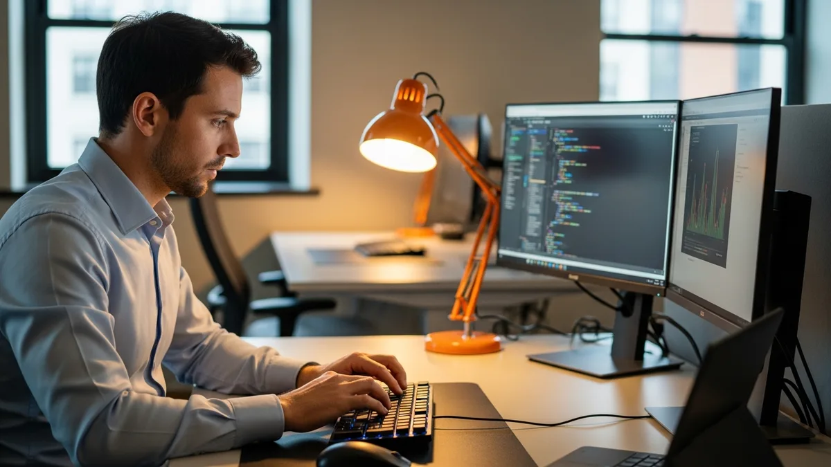 Power BI developer writing complex DAX formulas and time-intelligence expressions at a professional workstation