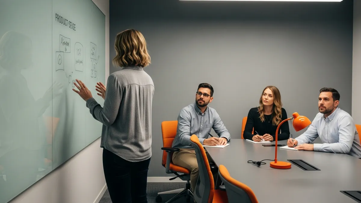 Product interview panel discussing a candidate product sense case study in a conference room with a glass whiteboard
