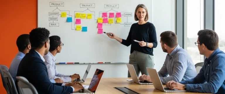 Senior product manager presenting a product roadmap on a whiteboard to a cross functional team
