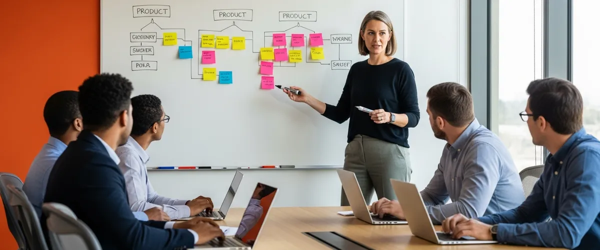 Senior product manager presenting a product roadmap on a whiteboard to a cross functional team
