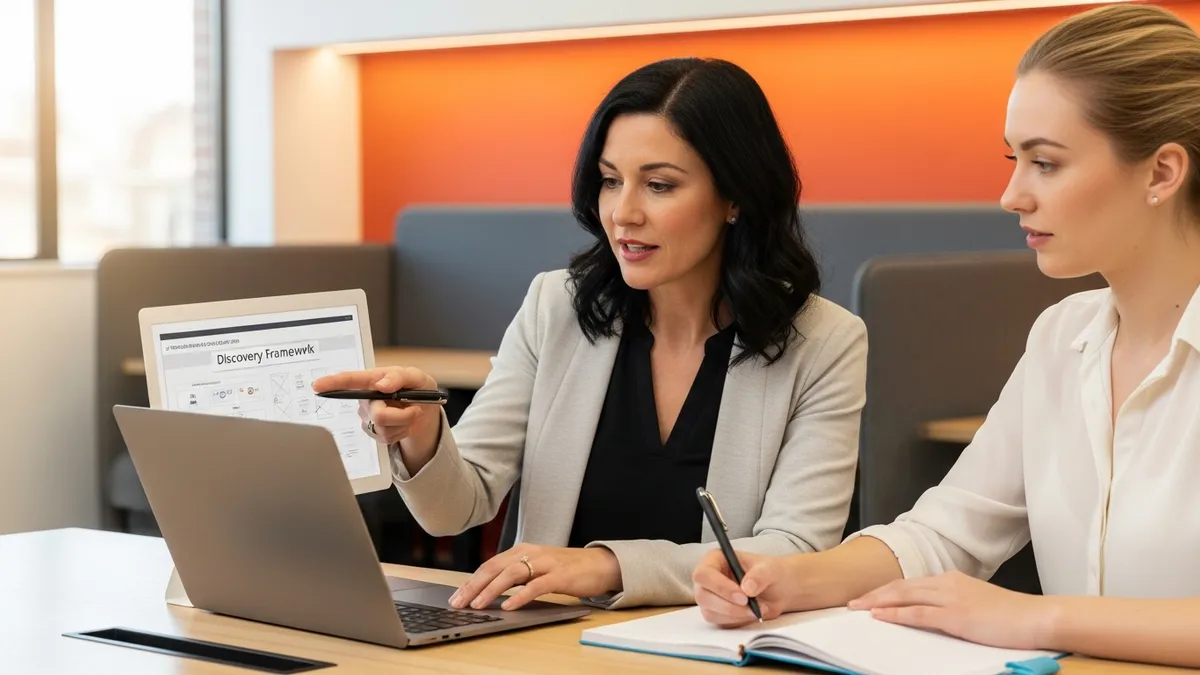 Senior product manager coaching a junior associate PM through a discovery framework on a shared laptop