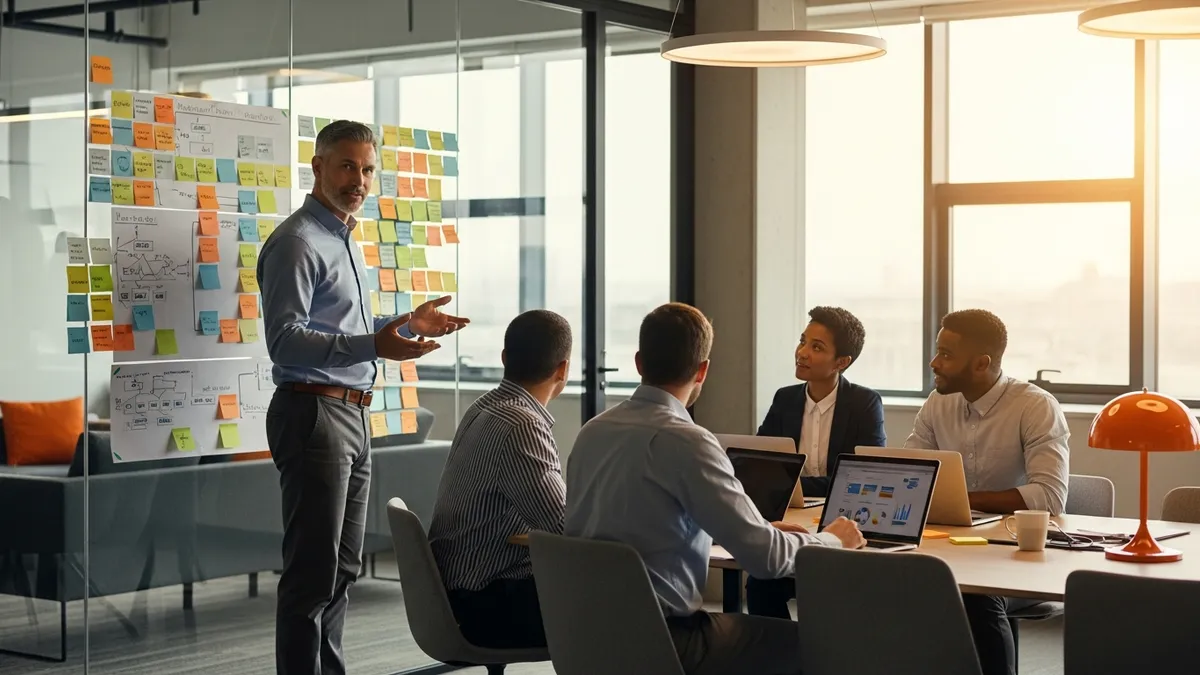 Senior product manager presenting a product roadmap to engineering and design leadership in a modern conference room