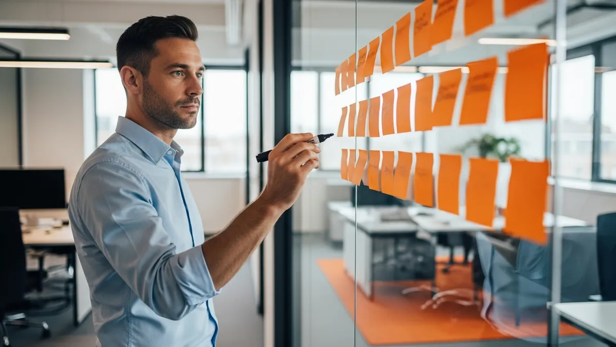 Product manager sketching a user journey on a glass wall with orange sticky notes