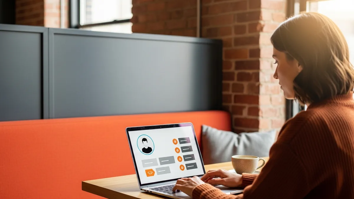 Technical recruiter sourcing QA engineer candidates on a laptop in a coworking space