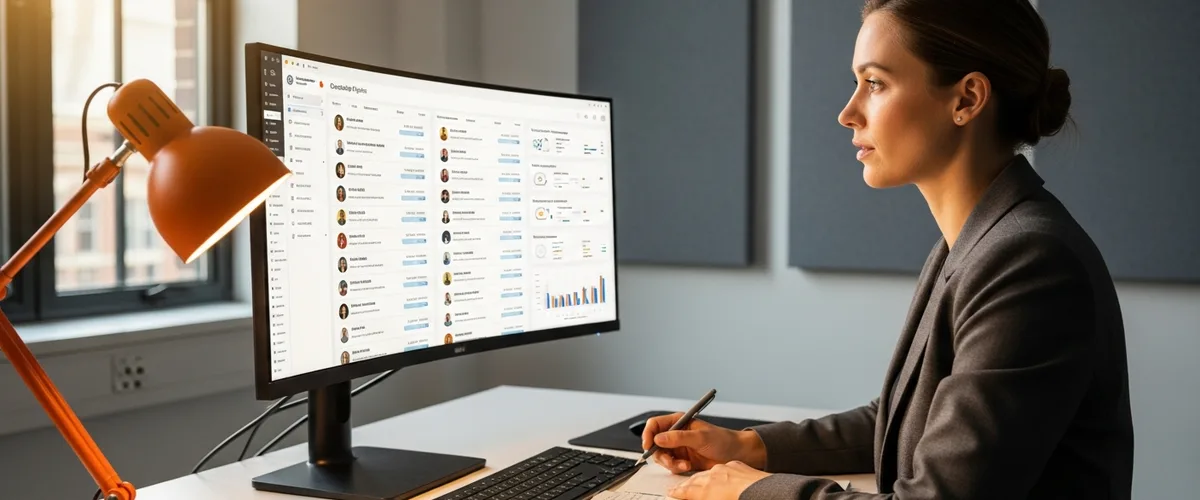 Hiring manager reviewing a QA engineer candidate pipeline on a curved monitor