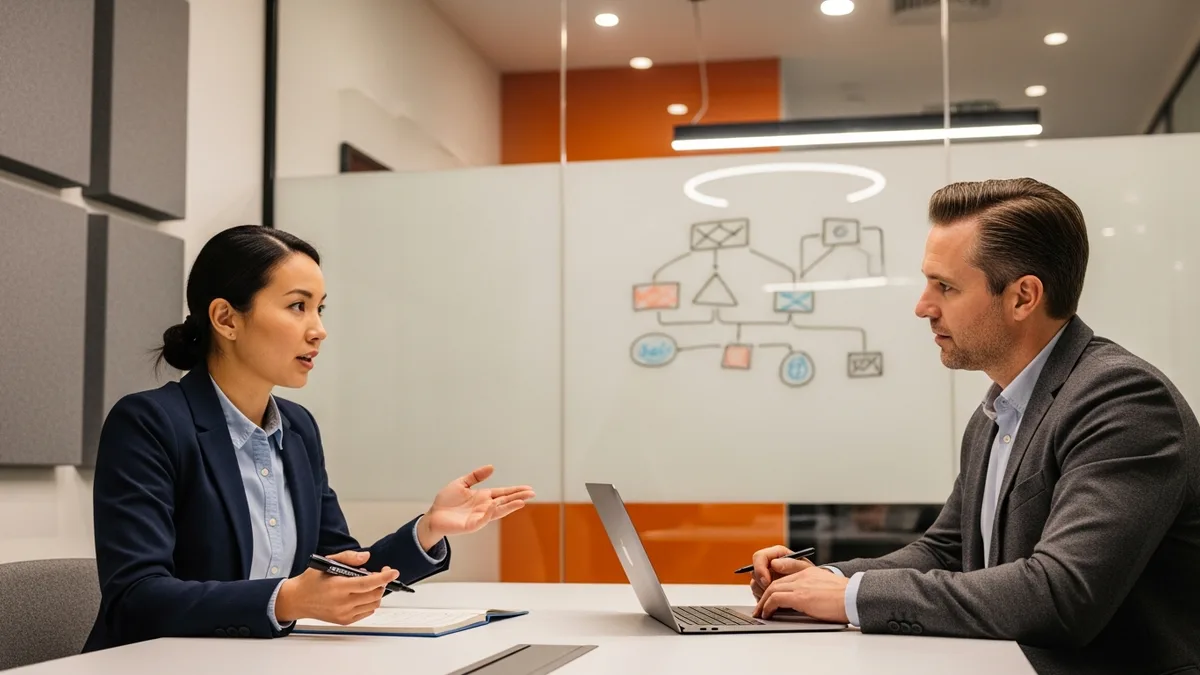 Hiring manager and engineering lead in a QA engineer intake meeting at a conference table