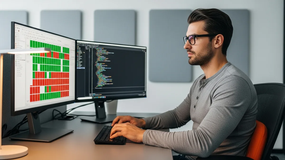 QA automation engineer at dual-monitor workstation reviewing Playwright test results and code