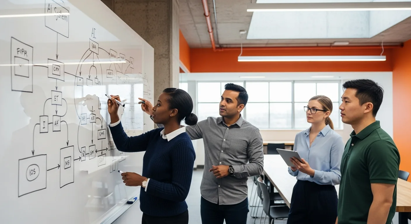 Diverse engineering team gathered at a whiteboard sketching a complex retrieval-augmented generation architecture diagram in a modern AI office