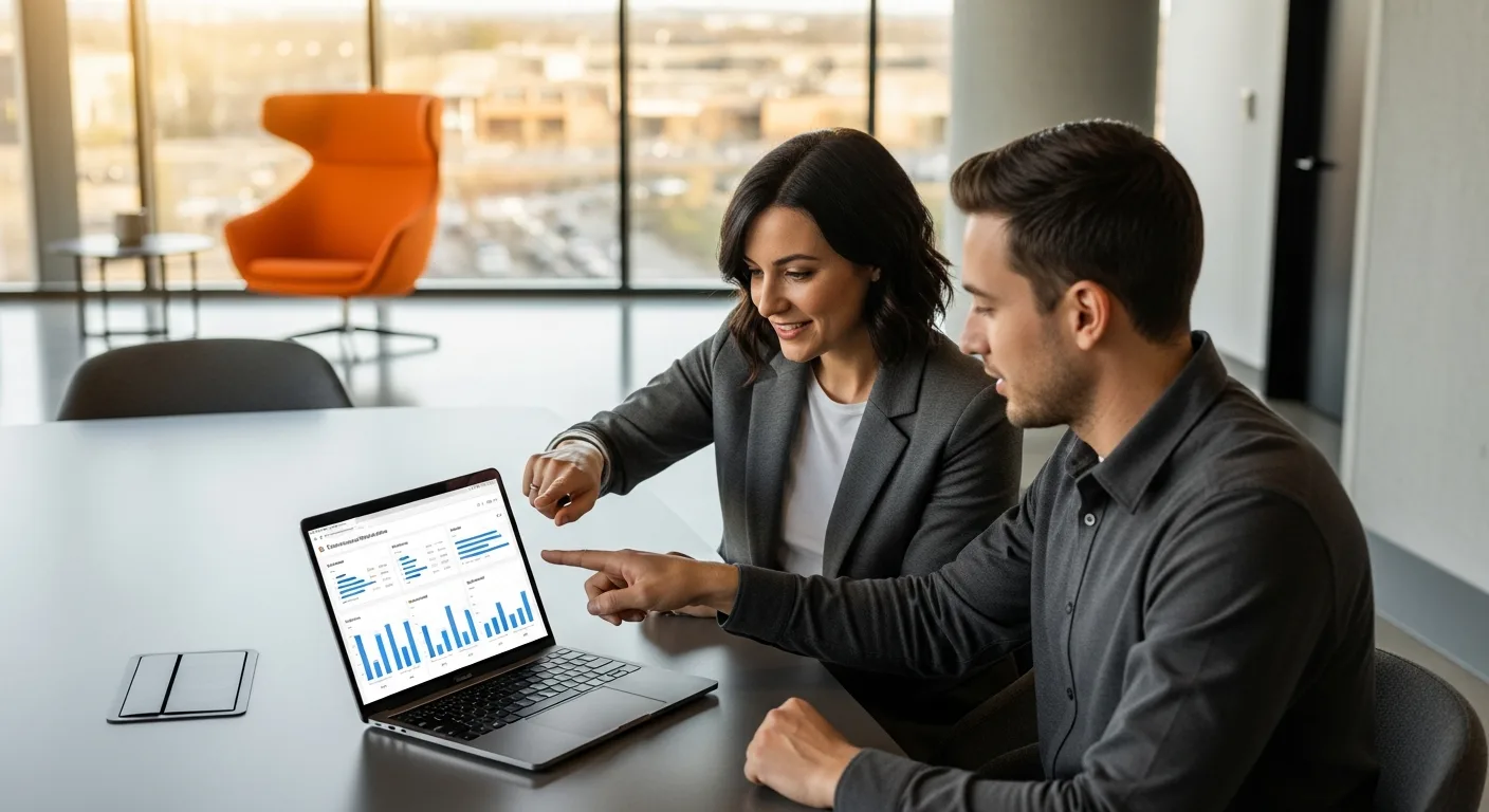 Two AI engineers collaborating at a conference table to review retrieval-augmented generation evaluation pipeline metrics on a laptop
