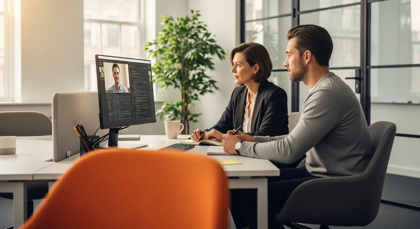 Hiring manager and recruiter conducting a remote technical interview with a senior RAG engineer candidate, code review visible on the monitor
