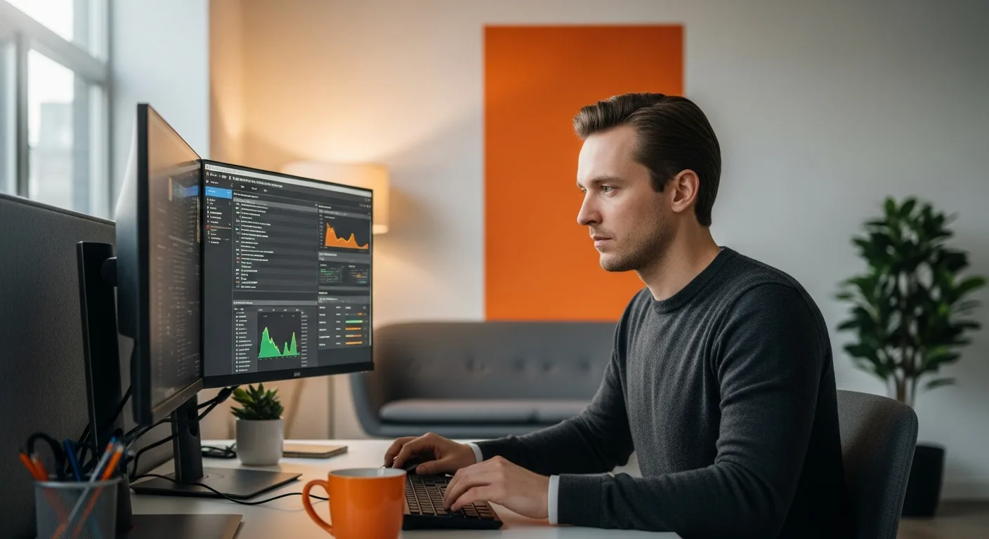 Senior RAG engineer reviewing vector database query metrics and retrieval evaluation dashboards on dual ultrawide monitors at a modern tech workspace