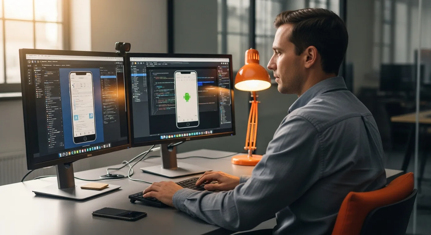 React Native developer at dual-monitor workstation writing JSI bridge code