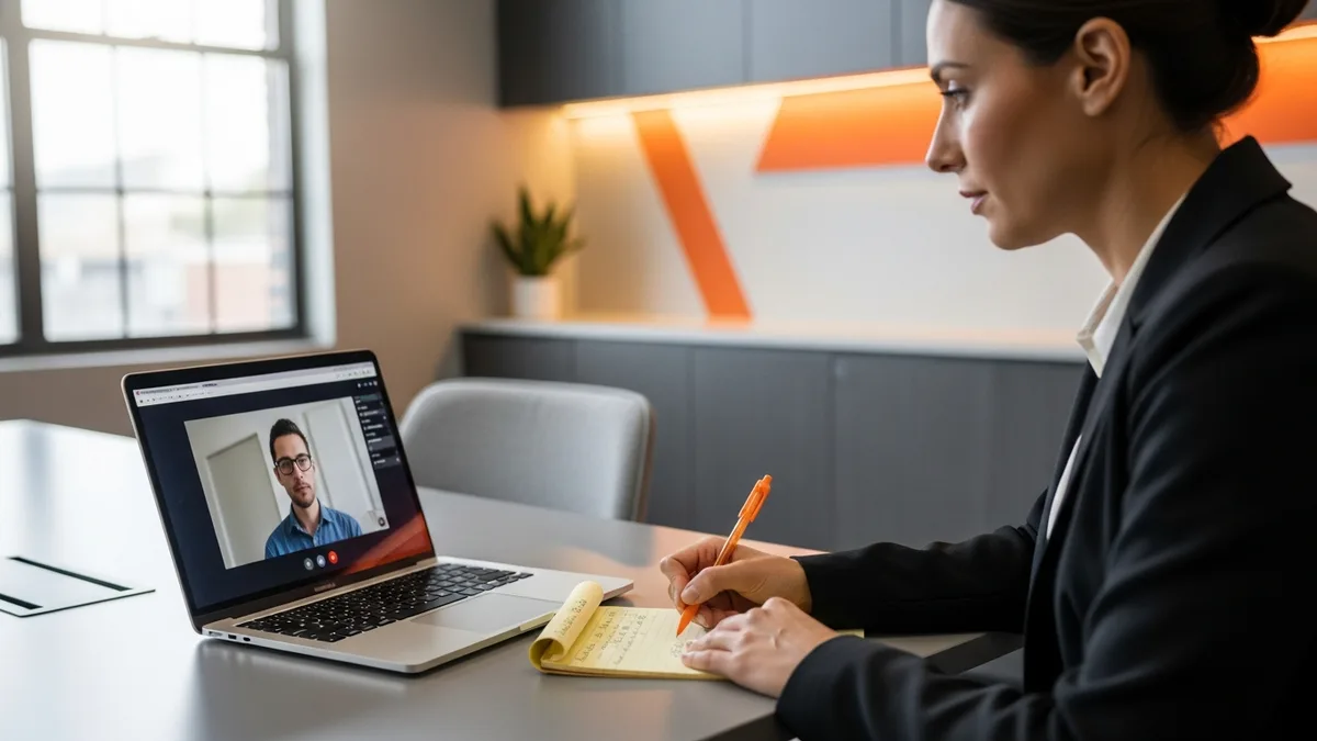 Hiring manager conducting a video interview with a remote developer candidate while taking handwritten notes