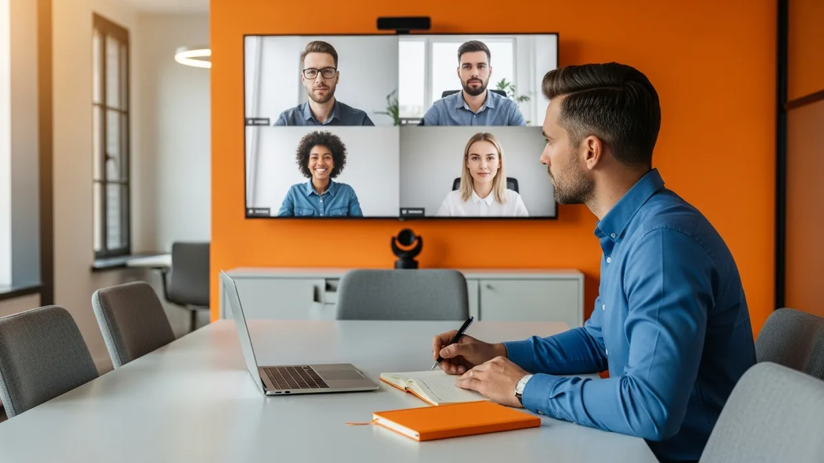 Hiring manager leading a video conference call with a distributed remote engineering team in a modern office