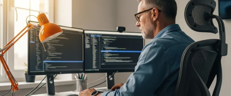 Senior remote software developer working at a multi-monitor home office workstation