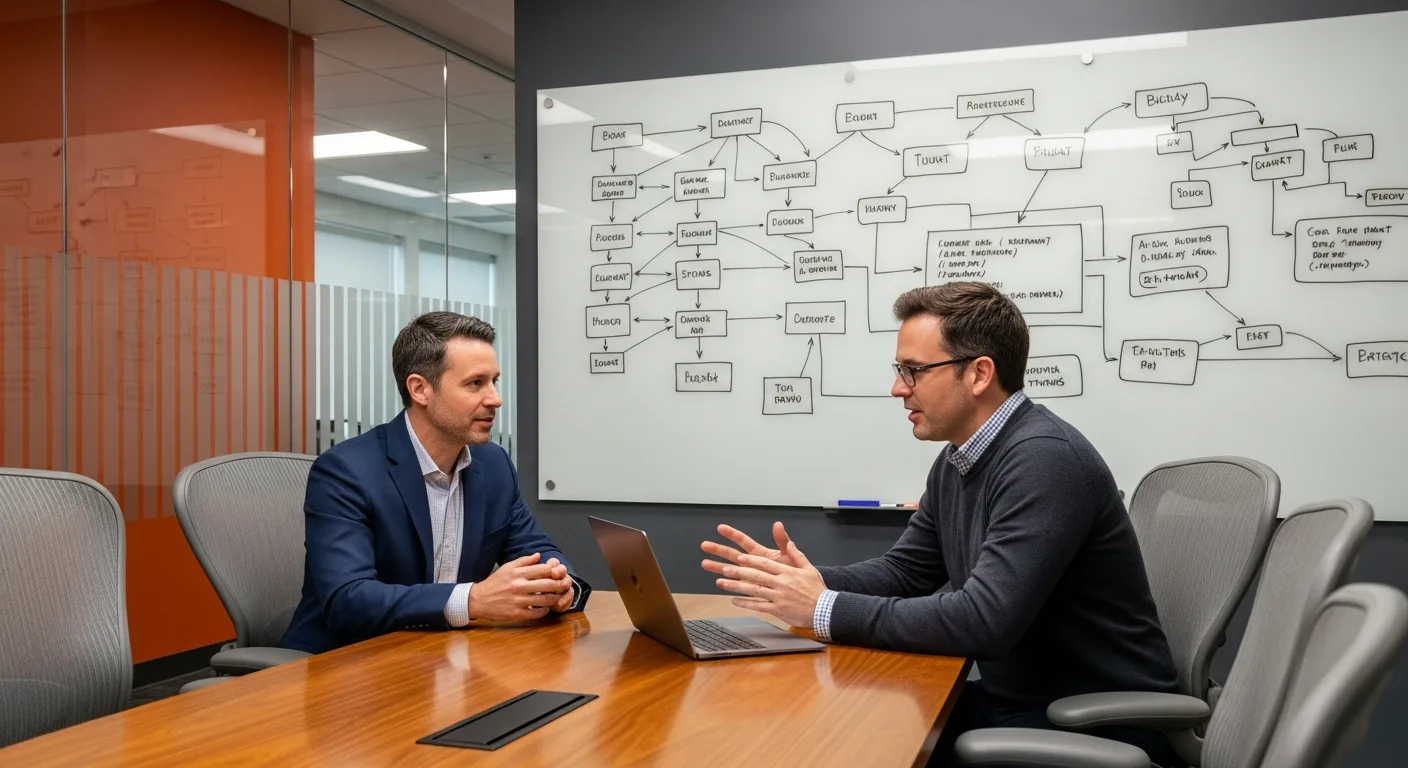 Hiring manager and engineer in conference room reviewing Rails monolith architecture diagram on whiteboard during a legacy migration planning meeting