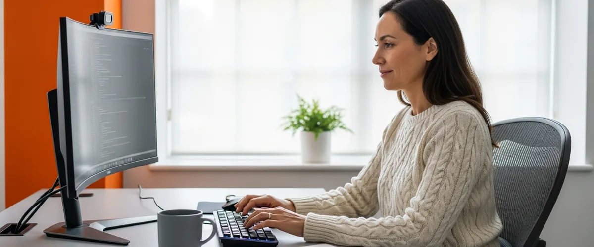 Senior Ruby on Rails developer working at a modern minimalist tech workspace with code on an ultrawide monitor