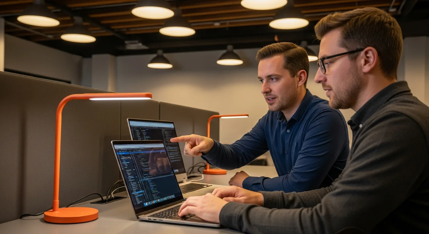 Two Ruby on Rails engineers pair programming on a feature build at a modern collaborative workstation with two laptops open