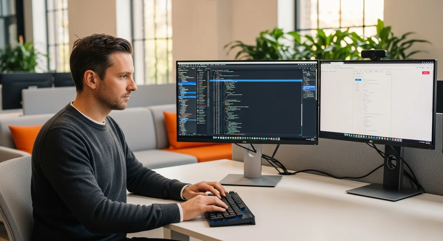 Senior Ruby on Rails developer reviewing Rails 8 code with Hotwire and Stimulus visible on dual monitors in a modern tech office