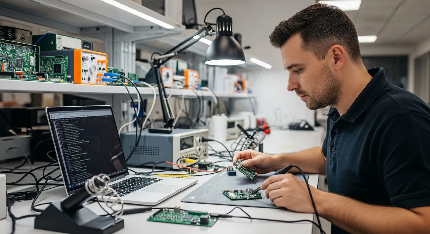 Embedded systems engineer working with development board and Rust compiler output in electronics lab