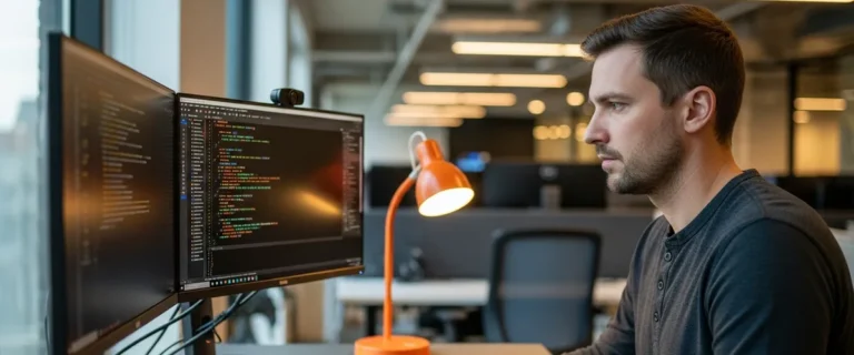 Senior Rust developer writing systems code at dual-monitor workstation in modern tech office