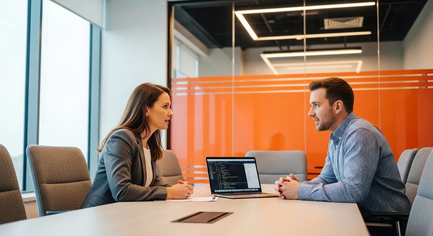Hiring manager interviewing Rust developer candidate in modern conference room with code editor