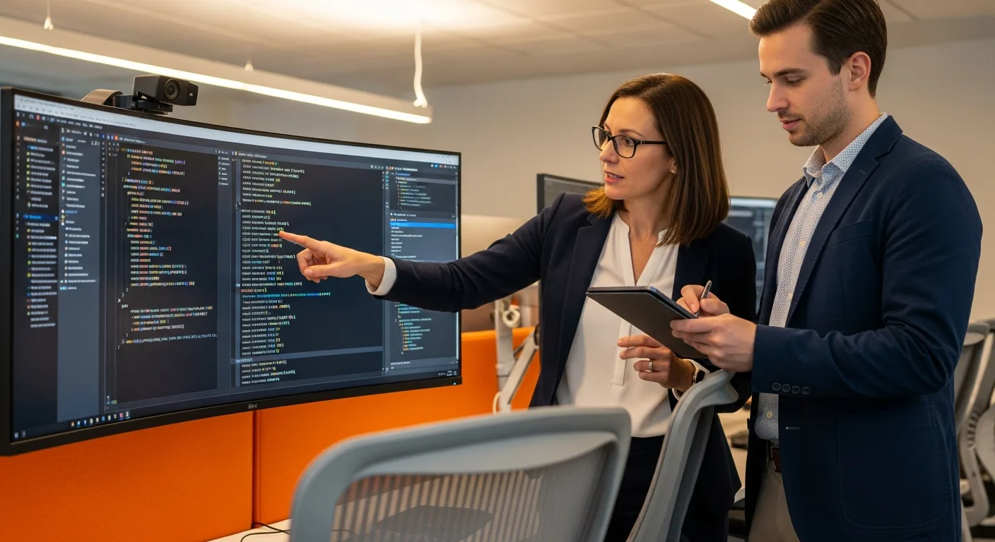 Two systems engineers reviewing Rust code on widescreen monitor during technical code review