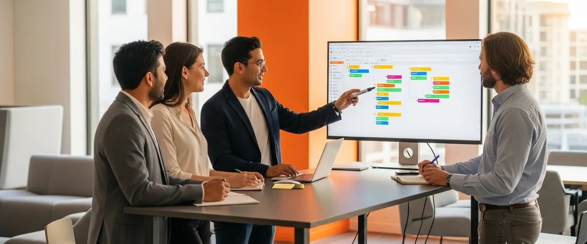 Hiring a scrum master — team collaboration around digital kanban board