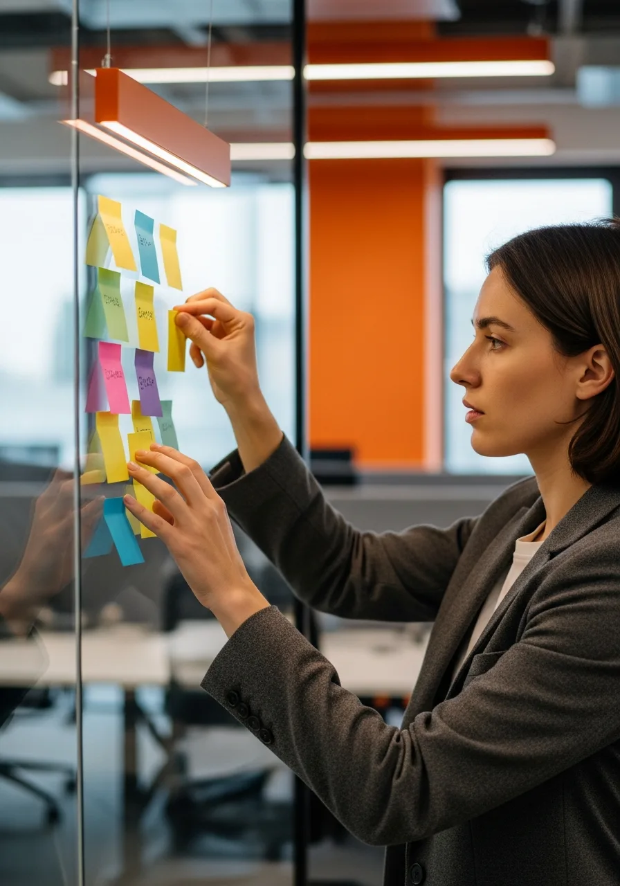 Scrum master placing sticky notes on a glass wall during a retrospective