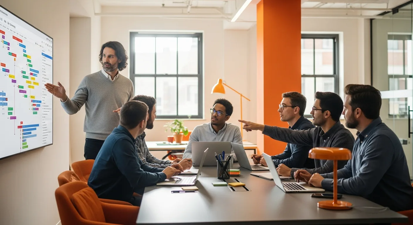 Scrum master facilitating sprint planning with an engineering team at a conference table