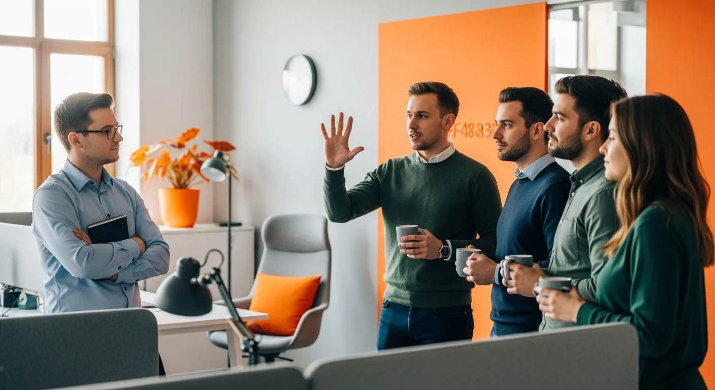 Software engineering team morning standup with scrum master listening