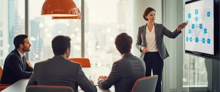 Solutions architect presenting a hybrid cloud architecture diagram to executive leadership in a modern boardroom