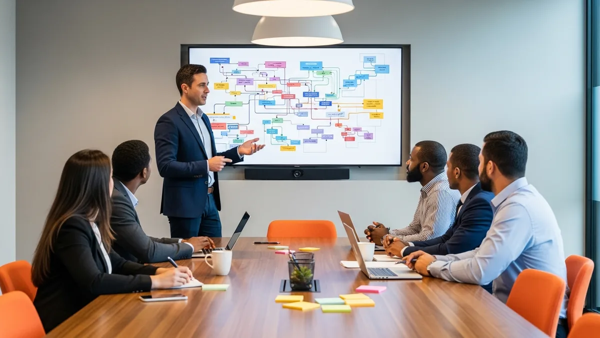 Solutions architect leading a client workshop with a reference architecture on a large conference room display