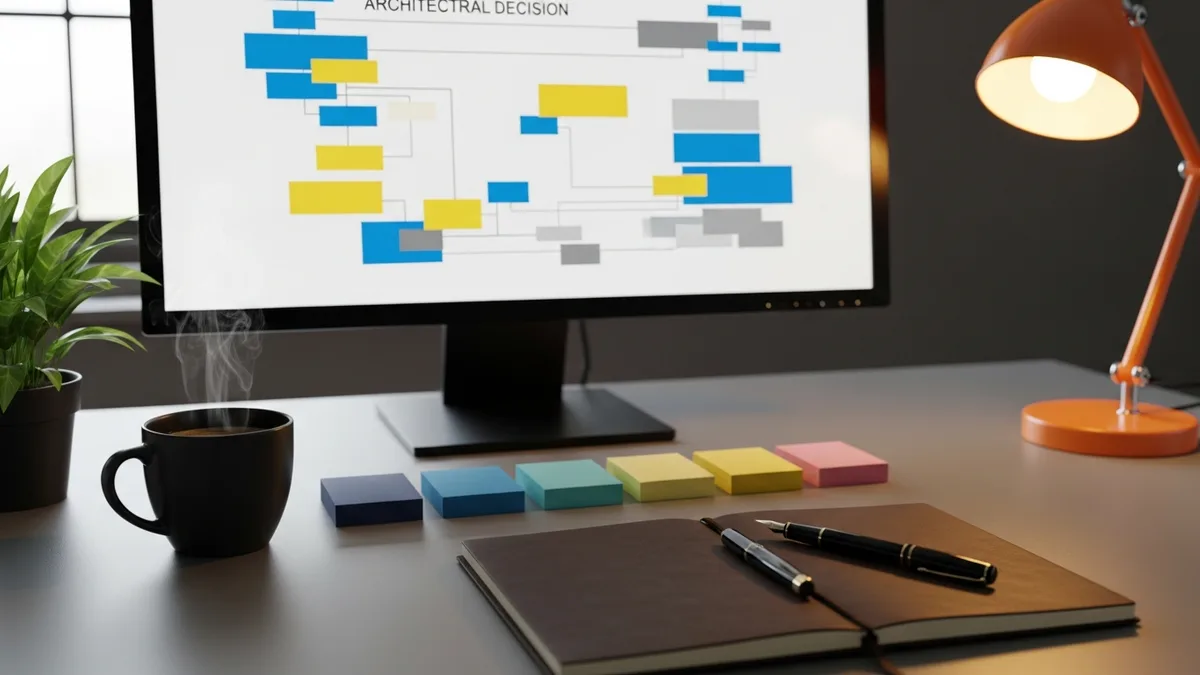 Architectural decision record displayed on a monitor alongside sticky notes fountain pen and coffee on a gray desk