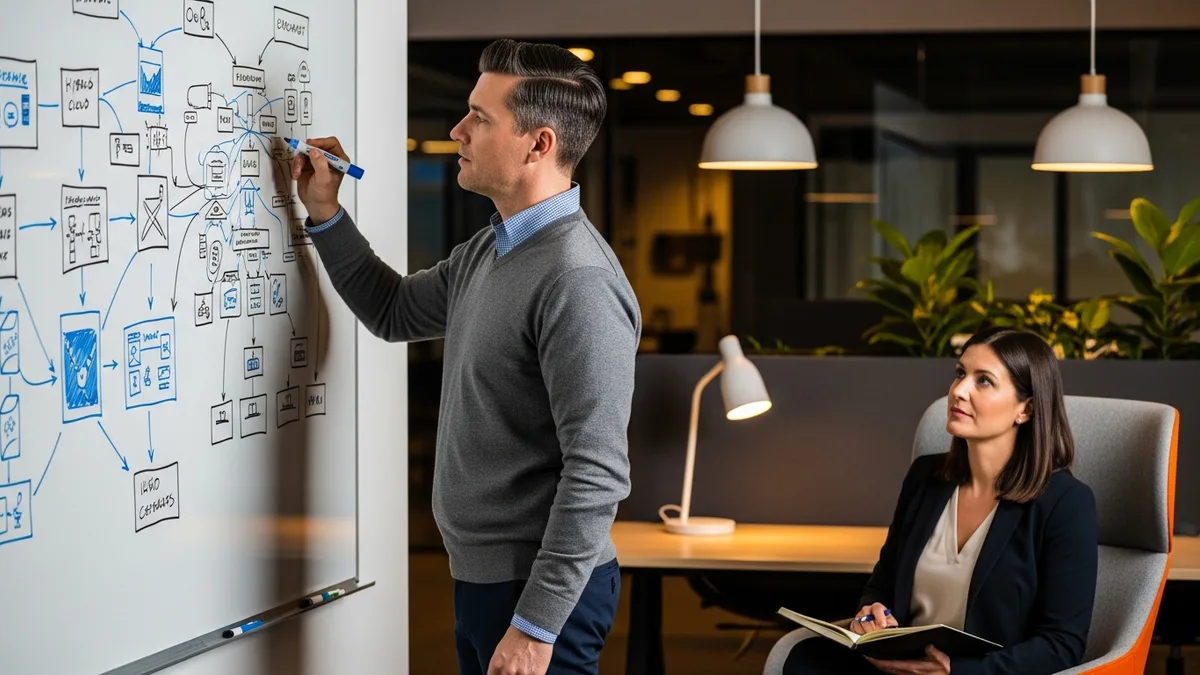 Solutions architect sketching a hybrid cloud architecture at a whiteboard while a hiring manager observes