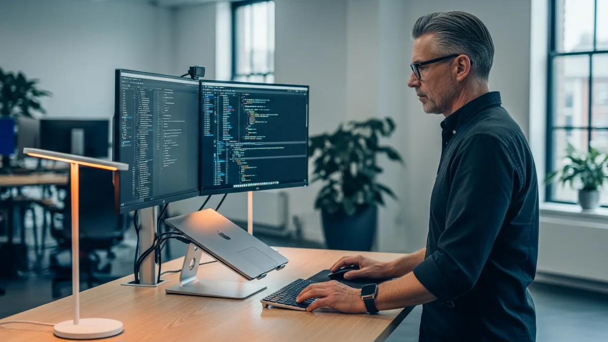 Senior Swift iOS developer reviewing SwiftUI layout code on dual monitors in a modern office workspace with orange accent lighting