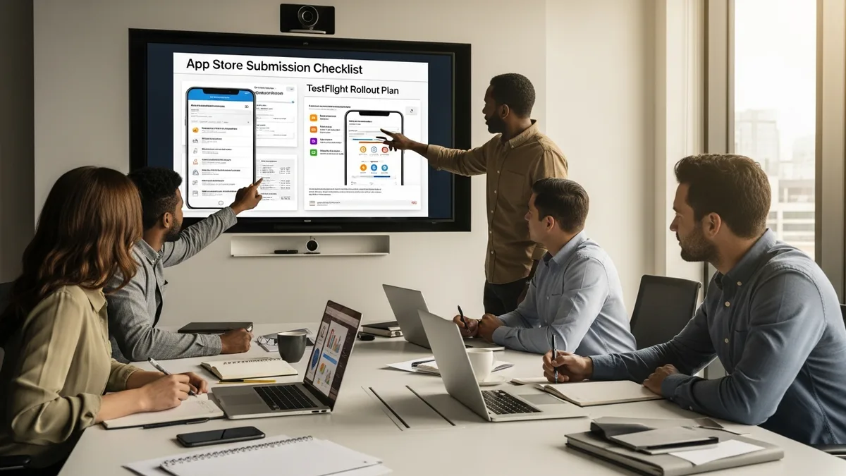Mobile product team reviewing App Store submission checklist and TestFlight rollout plan on a conference room screen